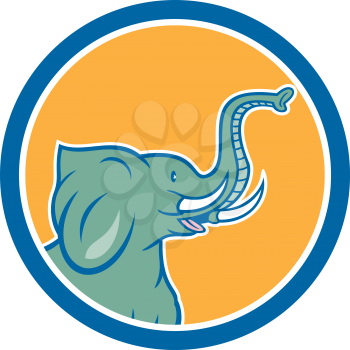 Illustration of an elephant head with tusks viewed from the side set inside circle on isolated background done in cartoon style.
