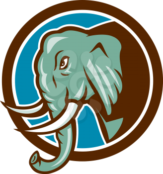 Illustration of an elephant head with tusks viewed from the side set inside circle on isolated background done in cartoon style.