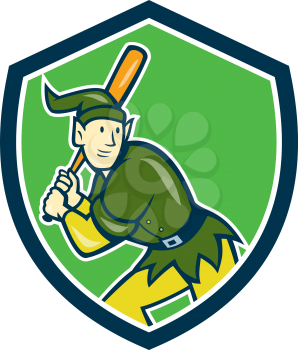 Illustration of an elf  baseball player batter hitter batting with bat done in cartoon style set inside shield crest on isolated background. 
