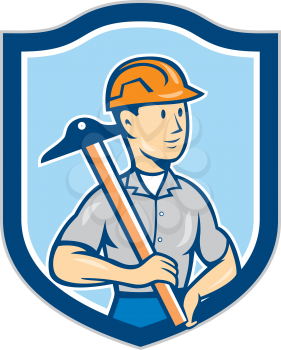 Illustration of an engineer architect draftsman standing holding t-square on shoulder looking to the side set inside shield crest on isolated background done in cartoon style. 