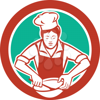 Illustration of a female chef with hat holding spatula and mixing bowl mixing viewed from the front set inside circle on isolated background done in retro style. 
