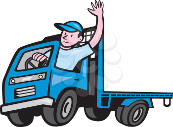 Illustration of a flatbed truck with driver waving hello on isolated white background done in cartoon style. 
