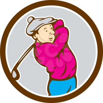 Illustration of a golfer playing golf swinging club tee off set inside circle on isolated background done in cartoon style. 