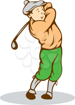 Illustration of a golfer playing golf swinging club tee off set on isolated white background done in cartoon style. 