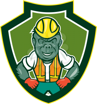 Illustration of an angry gorilla ape construction worker with hard hat and hands on hips set inside shield crest on isolated background done in cartoon style. 