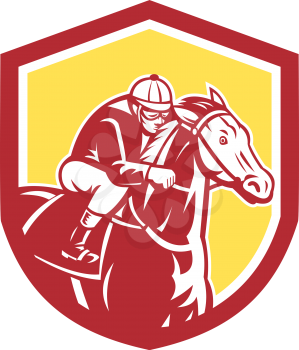 Illustration of horse and jockey racing set inside shield crest shape on isolated background done in retro style.