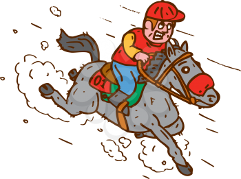 Illustration of horse and jockey racing set on isolated white background done in cartoon style. 