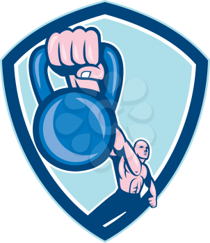 Illustration of a weightlifter lifting kettlebell with one hand set inside shield crest on isolated background done in cartoon style.