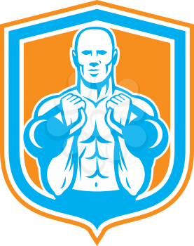 Illustration of a weightlifter lifting kettlebell set inside shield crest on isolated background done in retro style.