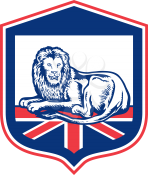 Illustration of a lion lying viewed from the front set inside shield crest with british flag in the background done in retro style. 
