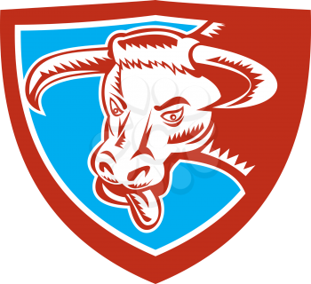 Illustration of an angry raging texas longhorn bull head with tongue out set inside shield crest on isolated background done in retro woodcut style.