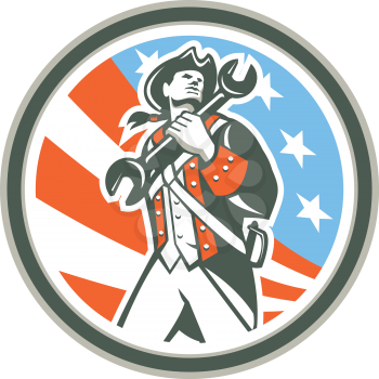 Illustration of an american mechanic patriot holding wrench spanner set inside circle with usa stars and stripes in the background done in retro style.