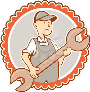 Illustration of a mechanic holding spanner wrench facing front set inside rosette shape on isolated white background done in cartoon style.