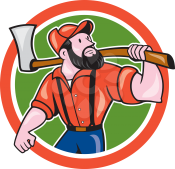 Illustration of a lumberjack sawyer forester standing holding an axe on shoulder looking up to side set inside circle on isolated background done in cartoon style. 