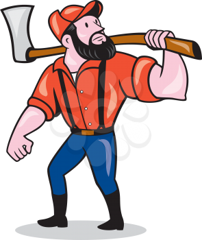 Illustration of a lumberjack sawyer forester standing holding an axe on shoulder looking up to side on isolated white background done in cartoon style. 