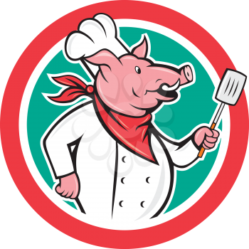 Illustration of a pig chef cook holding spatula looking to the side set inside circle on isolated background done in cartoon style.