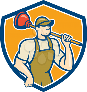 Illustration of a plumber holding plunger on shoulder set inside shield crest done in cartoon style on isolated background. 
