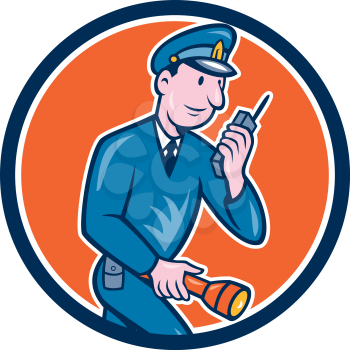 Illustration of a policeman police officer holding torch and talking on radio   set inside circle on isolated background done in cartoon style. 