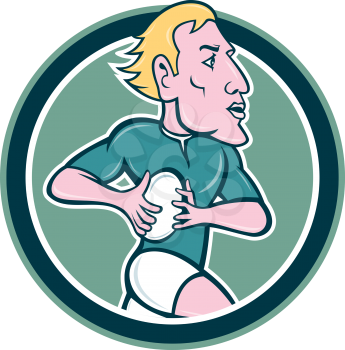 Illustration of a rugby player with ball running viewed from side set inside circle on isolated background done in cartoon style.