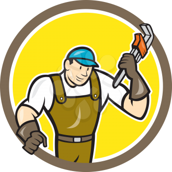 Illustration of a plumber in overalls and hat holding monkey wrench set inside circle on isolated background done in cartoon style.