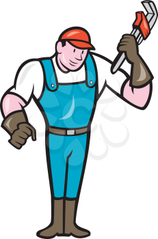 Illustration of a plumber in overalls and hat standing holding monkey wrench set on isolated white background done in cartoon style.