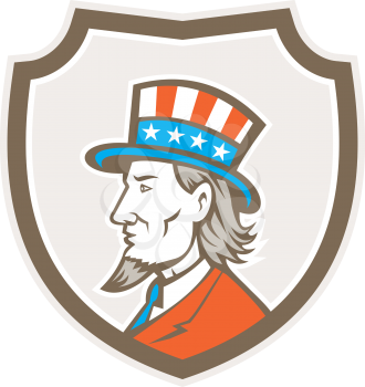 Illustration of Uncle Sam wearing hat with stars and stripes American flag viewed from side set inside shield on isolated background done in retro style. 