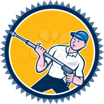 Illustration of a male pressure washing cleaner worker holding a water blaster viewed from front set inside rosette shape on isolated background done in cartoon style. 