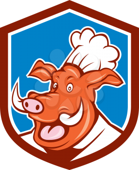 Illustration of a wild pig boar chef cook head set inside shield crest on isolated background done in cartoon style.