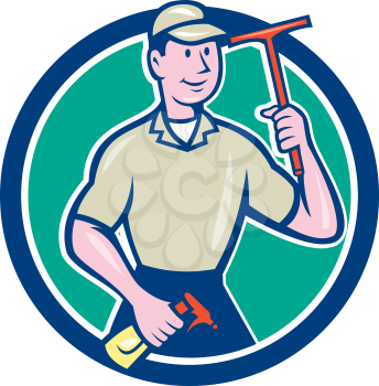Illustration of a window washer cleaner holding squeegee and spray viewed from front set inside circle on isolated background done in cartoon style