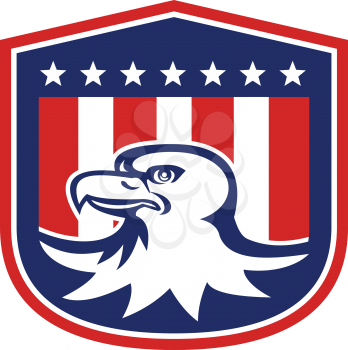 Illustration of a bald eagle head with american stars stripes flag set inside a shield crest done in retro style.