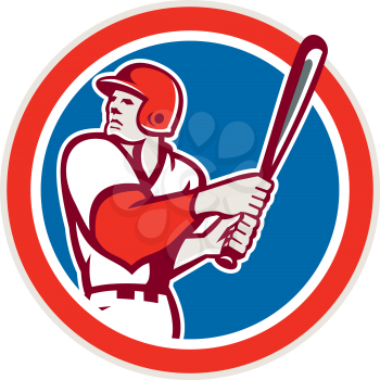 Illustration of a american baseball player batter hitter looking up holding bat ready to strike set inside circle on isolated background done in retro style.