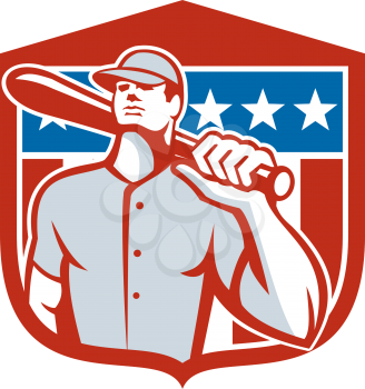 Illustration of a american baseball player batter hitter holding bat on shoulder set inside shield crest with stars and stripes in the background done in retro style. 