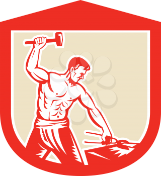 Illustration of a blacksmith worker with sledgehammer striking at anvil set inside crest shield done in retro style.