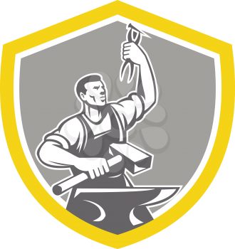 Illustration of a blacksmith worker with sledgehammer holding up pliers with anvil set inside shield crest shape done in retro style.