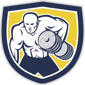 Illustration of a strongman muscular guy lifting dumbbells weight training viewed from front set inside shield crest shape done in retro style.