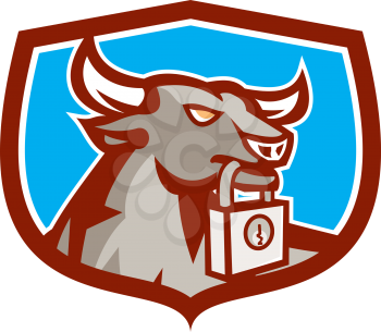 Illustration of an angry raging bull head facing to side holding padlock in mouth set inside crest shield on isolated background done in retro style.