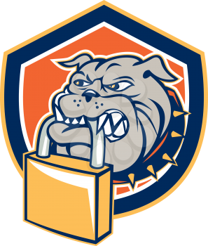 Illustration of an bulldog dog mongrel head mascot biting a padlock facing front set inside shield crest on isolated background done in retro style.