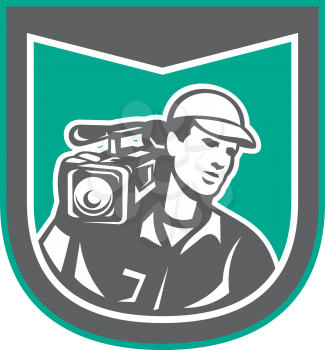 Illustration of a cameraman film crew holding carrying hd video movie camera on shoulder set inside shield crest done in retro style on isolated backgrounbd.