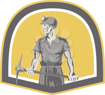 Illustration of a coal miner wearing hardhat looking to the side holding a pick axe  set inside shield crest done in retro style.