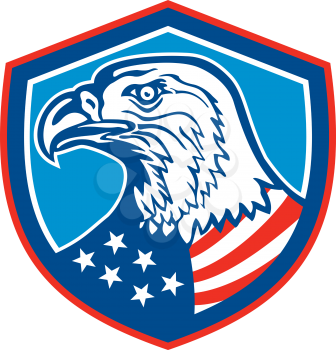 Illustration of a bald eagle head looking to the side with american stars and stripes flag on its neck set inside shield crest done in retro style.