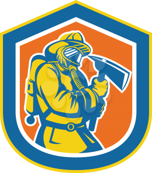 Illustration of a fireman fire fighter emergency worker holding a fire axe viewed from front set inside crest shield done in retro style.
