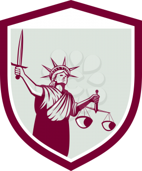 Illustration of lady statue of liberty facing front holding weighing scales of justice and holding sword set inside crest shield on isolated white background.
