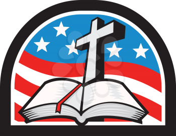 Illustration of a bible and cross with American stars and stripes flag in background done in retro style.