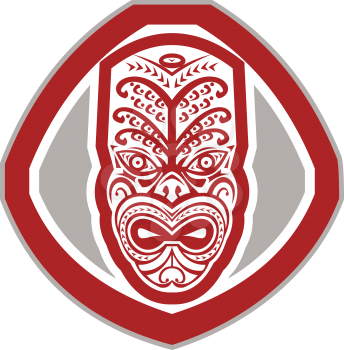 Illustration of a traditional maori mask face facing front set inside shield done in retro style on isolated background.