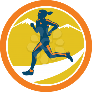 Illustration of marathon triathlete runner running winning finishing race set inside circle on isolated background done in retro style.