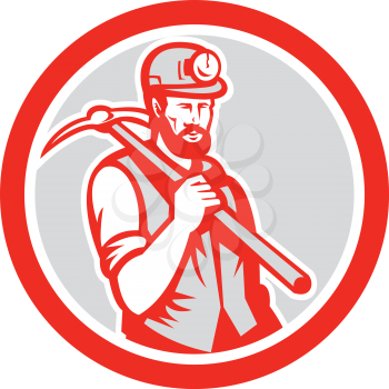 Illustration of a coal miner hardhat holding carrying crossed pick axe on shoulder set inside circle done in retro woodcut style on isolated white background. 