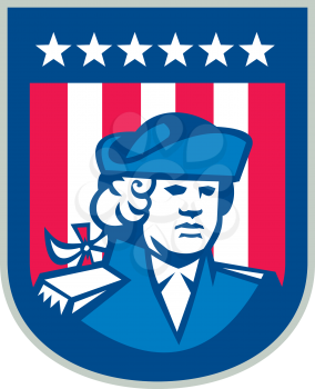 Illustration of an American Patriot head bust facing front with stars and stripes in the background set inside shield done in retro style. 

