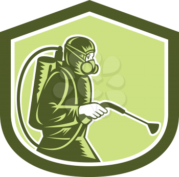 Illustration of pest control exterminator spraying side view set inside shield crest on isolated background done in retro style.