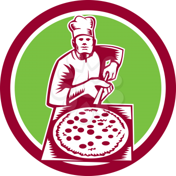 Illustration of a baker pizza maker holding a pizza peel viewed from front set inside circle done in woodcut retro style. 