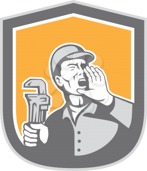 Illustration of a plumber shouting with hand on mouth holding adjustable monkey wrench set inside shield crest on isolated background done in retro style. 